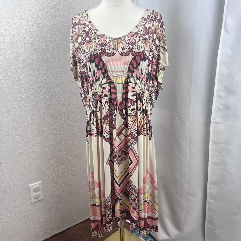 Y2K Butterfly Midi Dress Womens 2X Pink Boho Hippie Fairy Romantic Vacation
